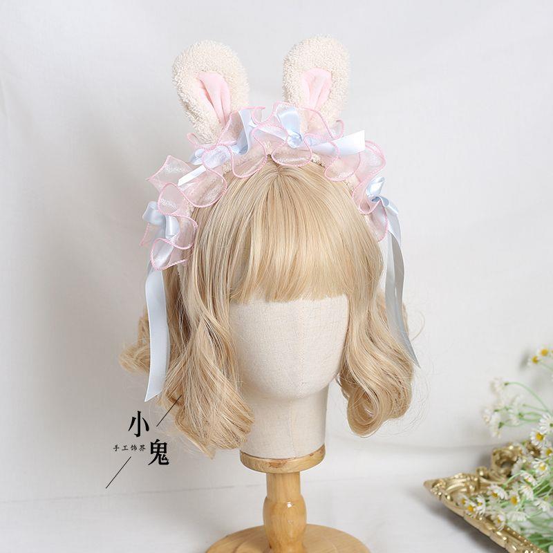 Lolita Handmade Ribbon Bunny KC Sweet Cute Bowknot Bunny Ear Headband Lolita Ruffled Hair Accessory Headwear