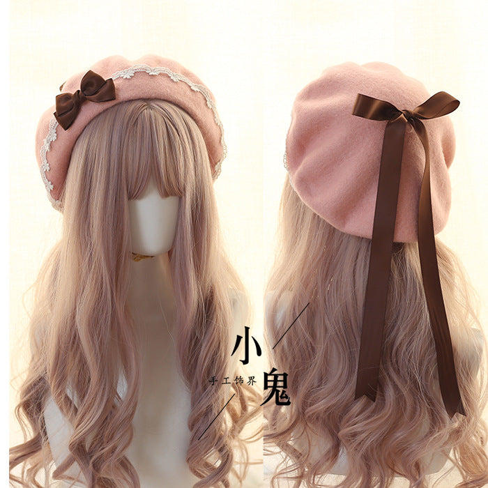 Beret Lolita Sweet Woolen Handmade Lace Bow Beret for Girls