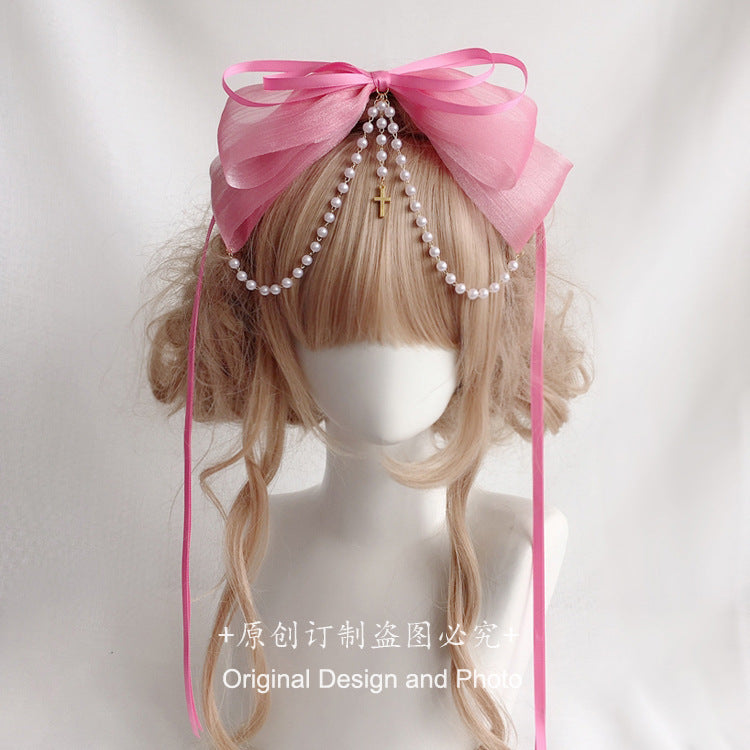 Original Handmade Lolita Double Layer Bow Ribbon Headband Lolita Pearl Cross Pendant Headband Hair Accessory