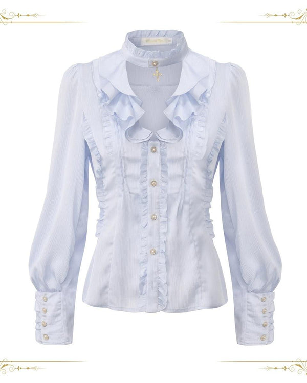 Immortal Thorn - Eternal Rabbit Invitation - Ouji Lolita Vintage Long Sleeve Blouse, Ruffles V-Neck