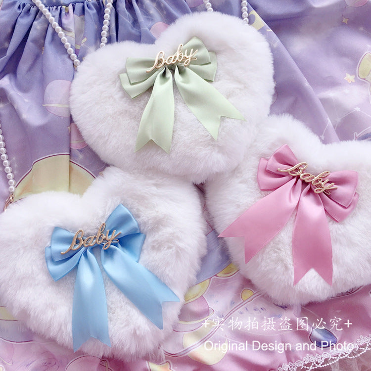 Lolita Plush Heart Shoulder Bag Heart-Shaped Multi-Color Double-Layer Bow Pearl Chain Lolita Bag Crossbody Bag