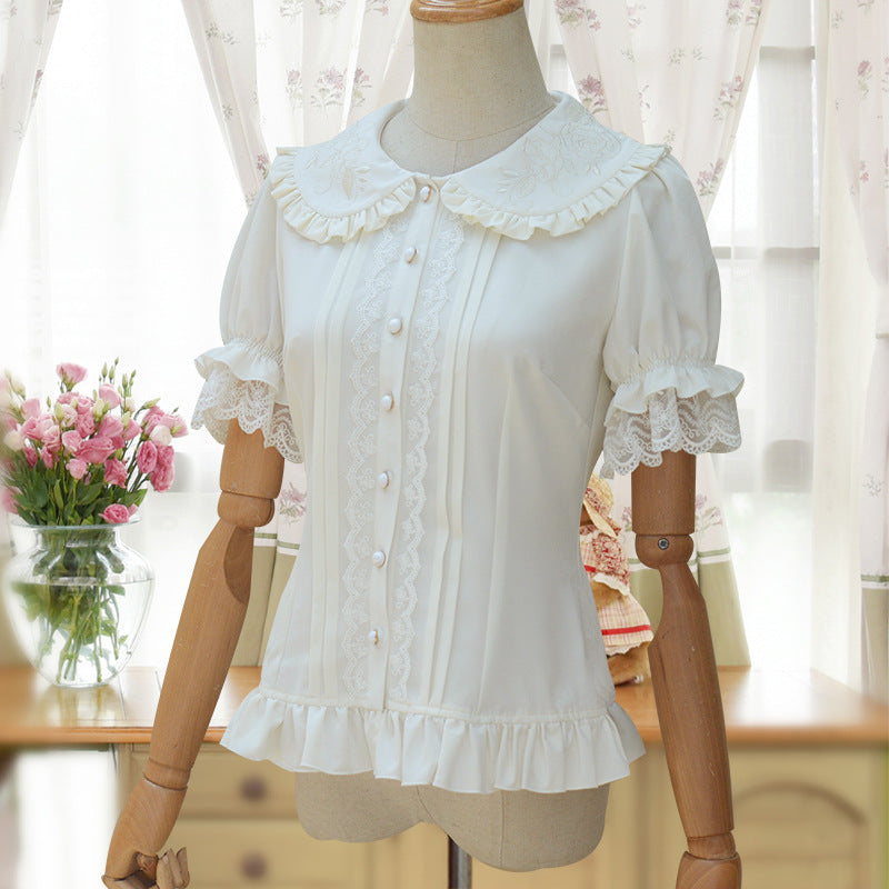 Sweet Elegant White Short - Sleeve Shirt - Embroidered Doll Collar + Lace Puff Sleeves