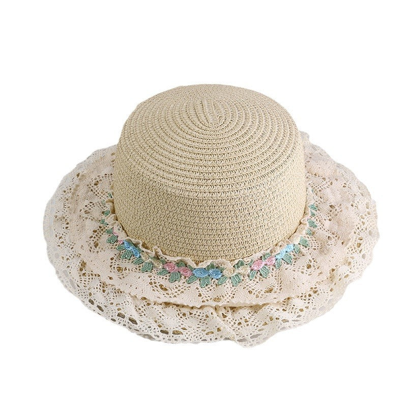 French Lolita Lace Trim Straw Hat for Women Summer Wide Brim Flat Top Sun Hat Beach Sunshade