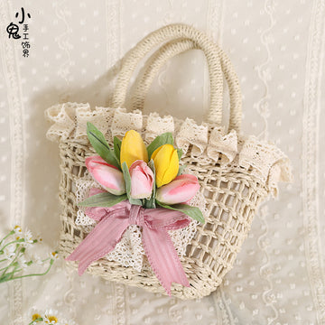 Original Lolita Tulip Lace Pastoral Handbag Bowknot Han-Yang Eclectic Straw Bag Elegant Lolita