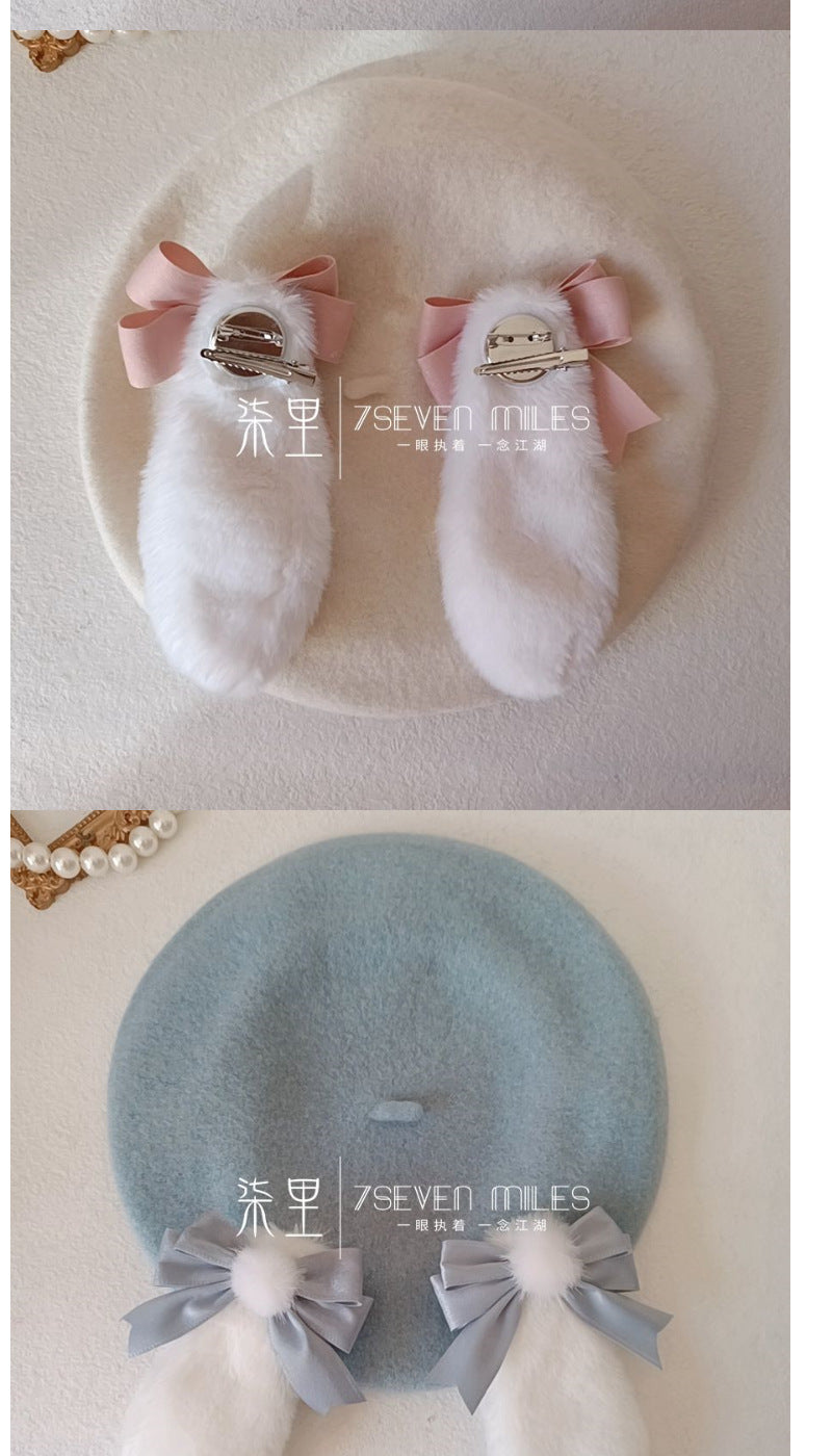 Long-Eared Rabbit  Beret Handmade Bow Lolita Girl Sweet Cute Woolen Hat for Women