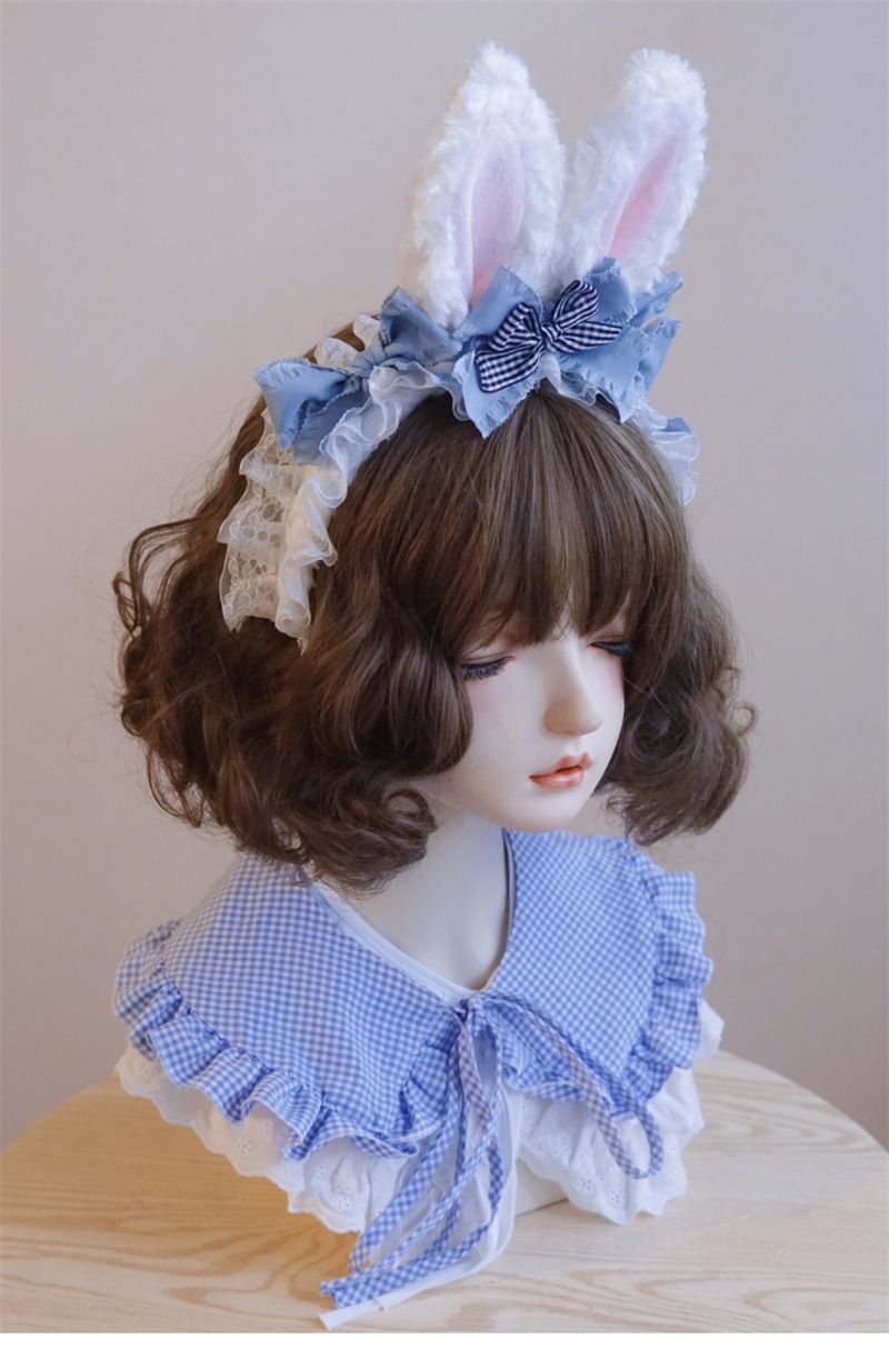 Original Handmade Light Blue Rabbit Ear Headband with Ruffled Edge Lolita Animal Ear Alice