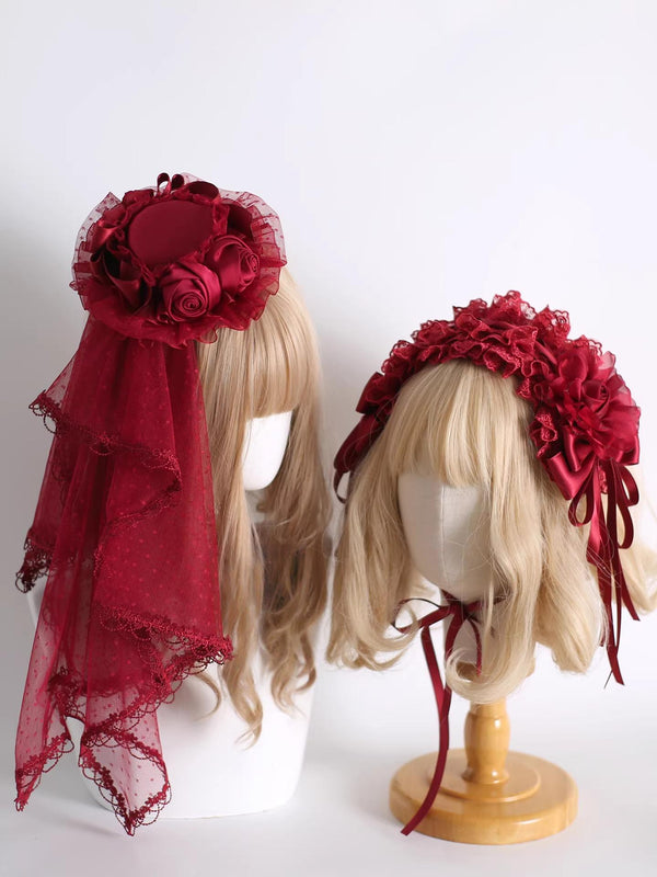 Xiaogui - Dark Red Gorgeous Headdress - Floral Veils Headwear