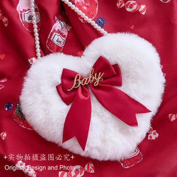 Lolita Plush Heart Shoulder Bag Heart-Shaped Multi-Color Double-Layer Bow Pearl Chain Lolita Bag Crossbody Bag