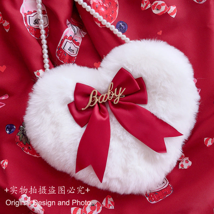 Lolita Plush Heart Shoulder Bag Heart-Shaped Multi-Color Double-Layer Bow Pearl Chain Lolita Bag Crossbody Bag