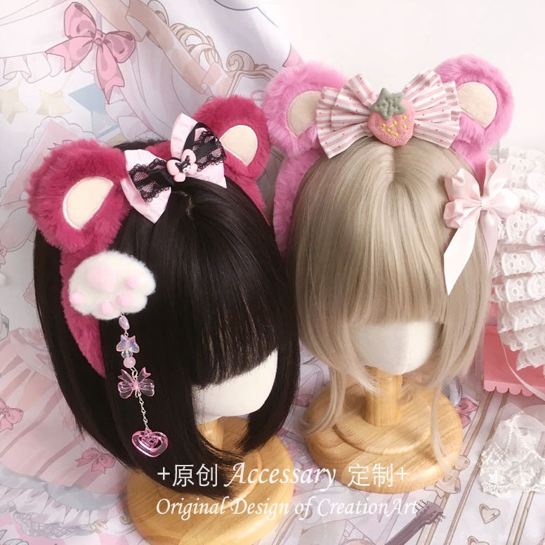 Handmade Ap Strawberry Pink Bear Ears KC Headband Bowknot Hair Accessory Lolita Cute Bear Headband