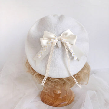 Original Japanese Handmade Mori Style Bow Beret Daisy Lace Soft Cute Lolita Handmade Lace