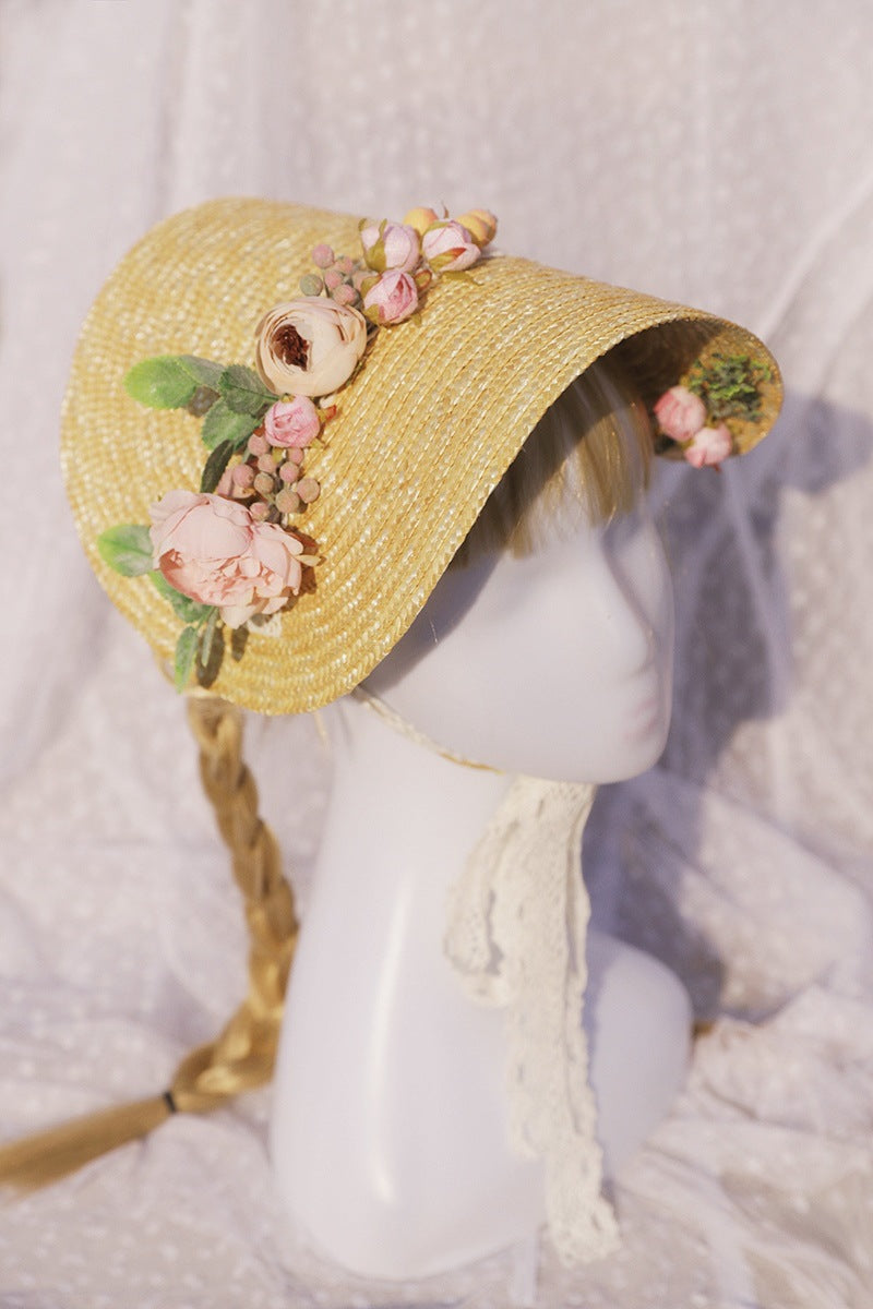 Wanqian Original Straw Hat Flat Hat Lolita Handmade Tea Party Pastoral Bonnet French Retro Photo Bntbb Hat
