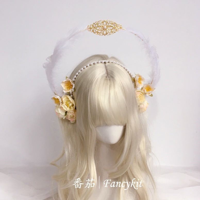 Flower Lolita Virgin Mary Double Layer Halo Hair Crown - Hanfu Headwear with Feather | Classical Han-Yang Eclectic Headpiece