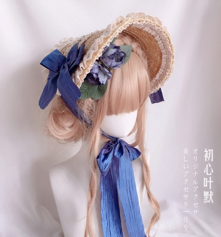 Multicolor Bonnet Straw Hat Flat Hat Lolita Original Handmade Pastoral Style Elegant French BNT Hat