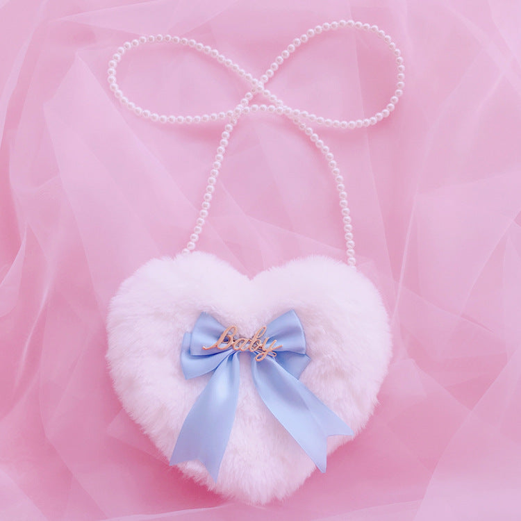 Lolita Plush Heart Shoulder Bag Heart-Shaped Multi-Color Double-Layer Bow Pearl Chain Lolita Bag Crossbody Bag