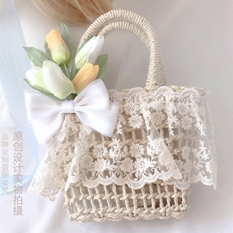 Handmade Yellow Tulip Straw Bag Lolita French Style Straw Hat Sun Hat Fairy Classical Woven Basket