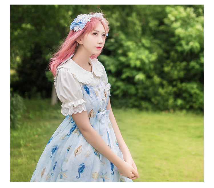 Sweet Elegant White Short - Sleeve Shirt - Embroidered Doll Collar + Lace Puff Sleeves
