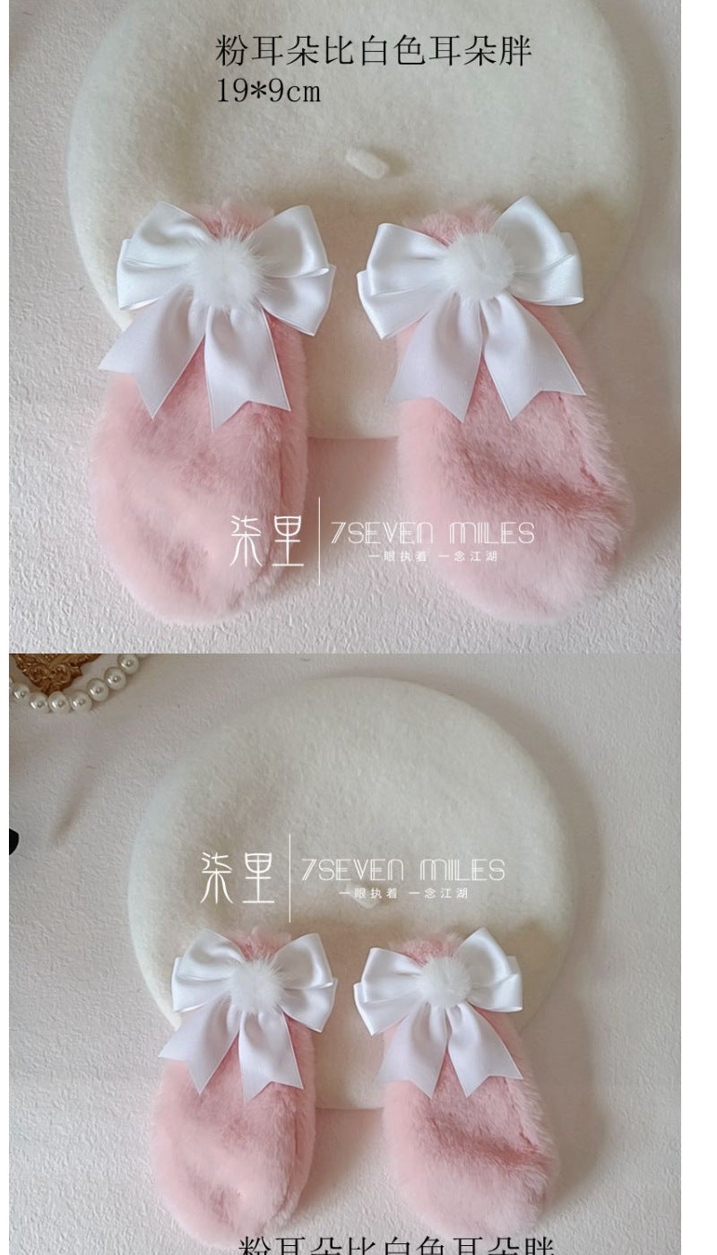 Long-Eared Rabbit  Beret Handmade Bow Lolita Girl Sweet Cute Woolen Hat for Women