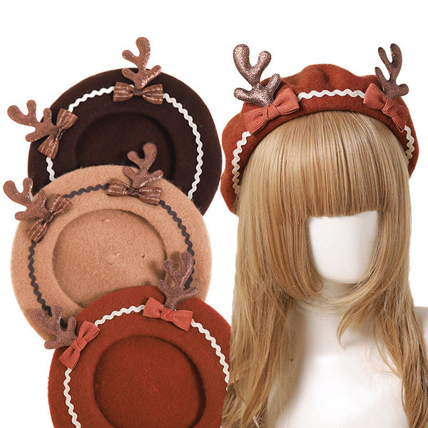 Cute Deer Soft Girl Lolita Bowknot Beret Painter Hat Handmade Antler