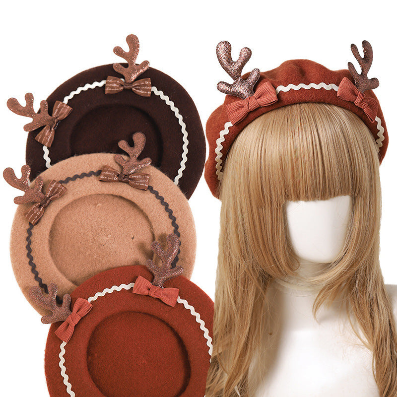 Cute Deer  Soft Girl Lolita Bowknot Beret Painter Hat Handmade Antler Hat