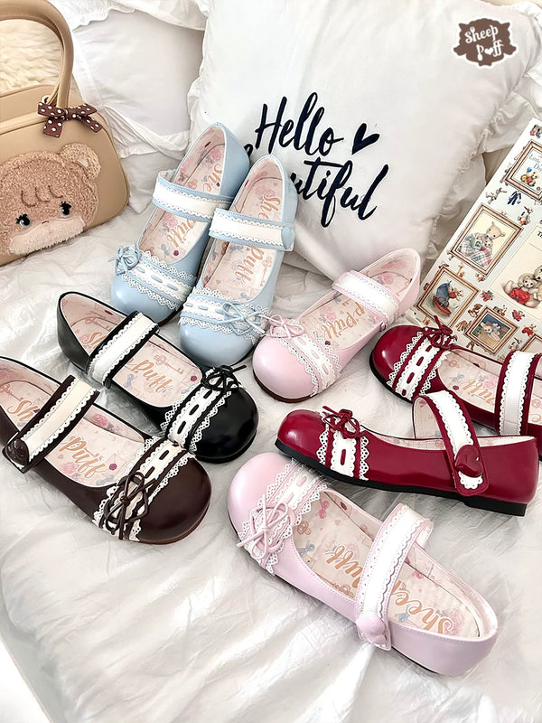 Sheep Puff Classic Heart Bow Lolita shoes with low heels and cute heart bow detail, in a soft, pastel color.