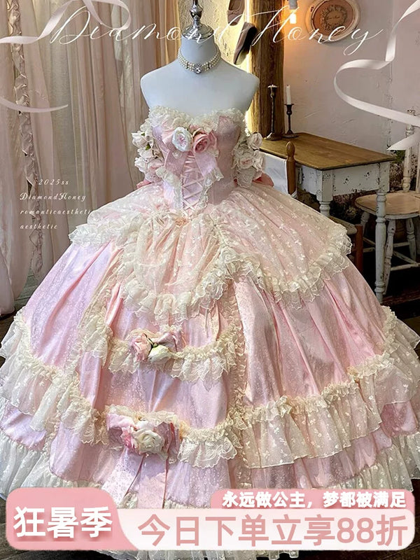 Flora Muse pink floral Lolita ball gown with strapless sweetheart neckline and tiered ruffled skirt