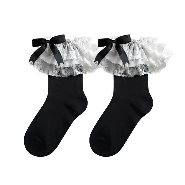 Sock Noble black short socks with white ruffled lace cuffs and black bow trims