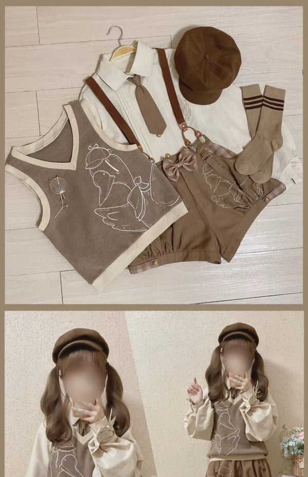Coffee-brown and cream detective-themed blouse, vest and shorts coordinate shown in a flat lay and on models.