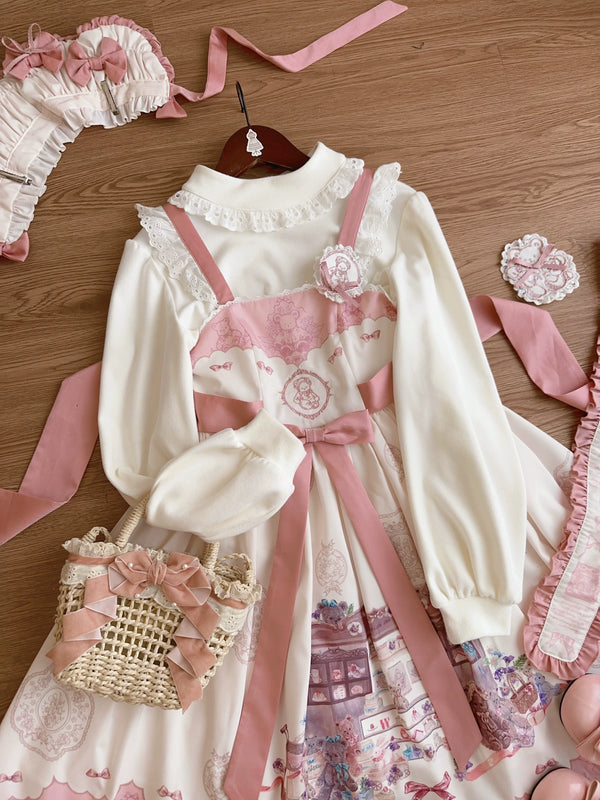 White long-sleeve inner top with lantern sleeves and lace collar