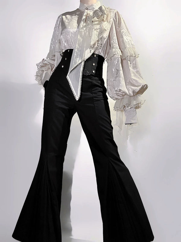 Letters from Unknown Star - Rose and Sword - Ouji Lolita Jacquard Blouse & High Waist Pants Suit