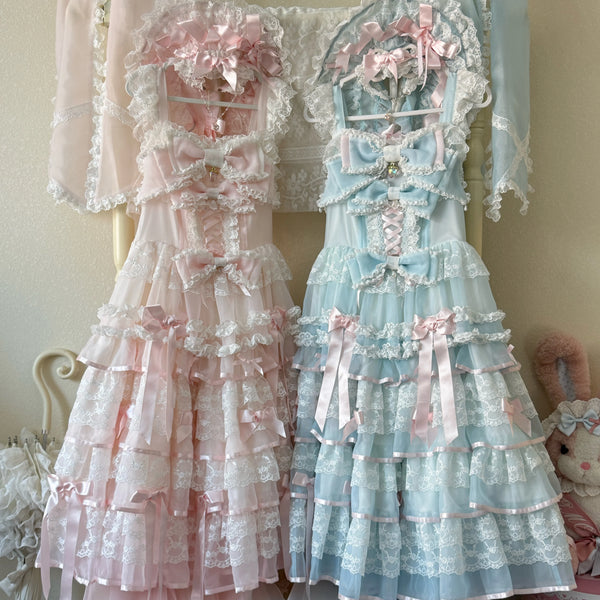 PS Original Sakura Snow Love Melody Sweet Lolita wedding dress in pastel pink with tiered lace trim and satin bodice bow