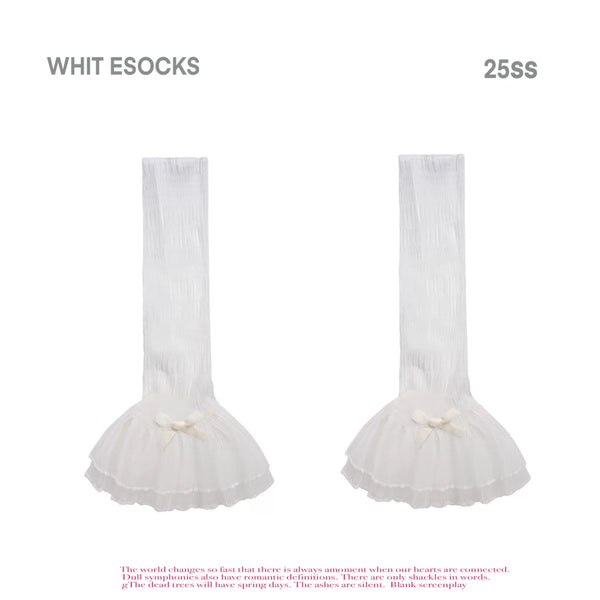 White + Black balletcore Lolita ruffle mesh leg warmers with lace trim and satin bow