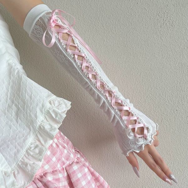 White lace arm sleeve with matching ribbon tie