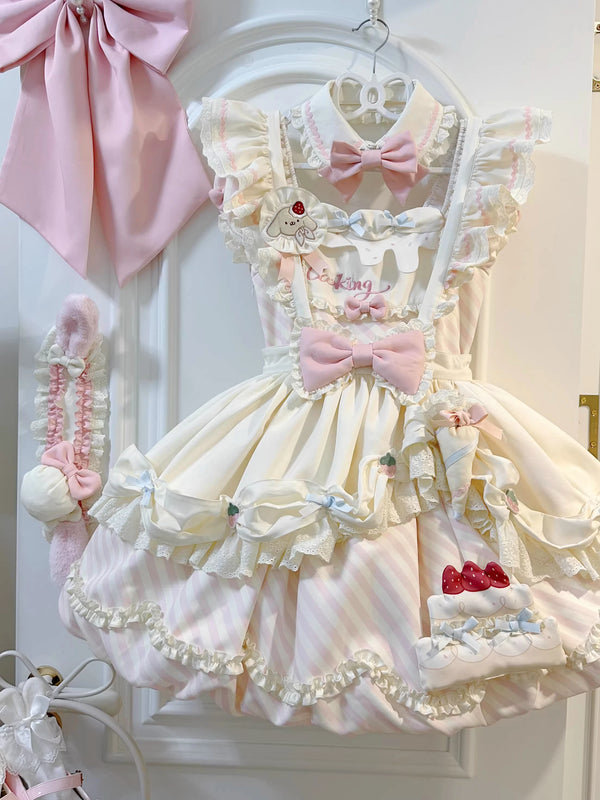 Pink Sweetheart Cake Lolita OP dress with Peter Pan collar, ruffled short sleeves, and tiered skirt with strawberry accents