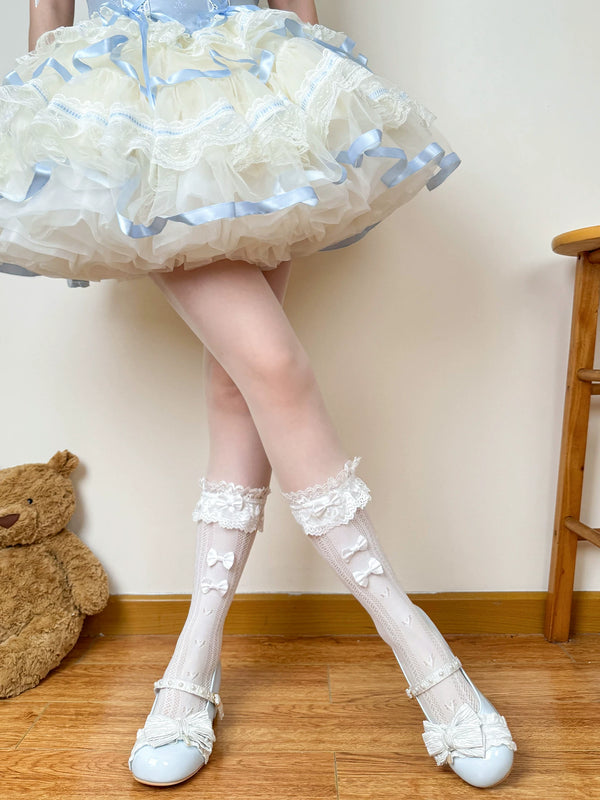 Chubby Bear Tales white openwork socks with lace edging and ribbon bows