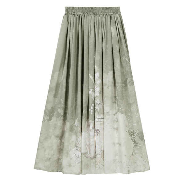 Green tea-length skirt with floral and cat print details