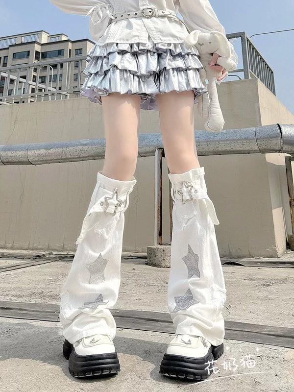 White star denim mid-calf leg warmer with star-shaped leather buckle