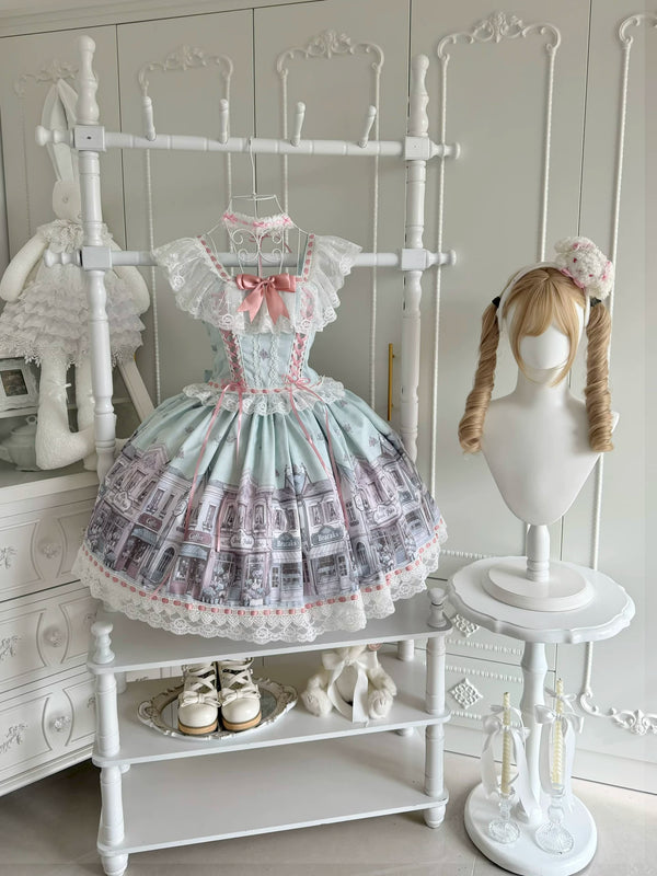 Mint green Star Fish Old Alley Floral Sweet Lolita JSK with building print and lace trim