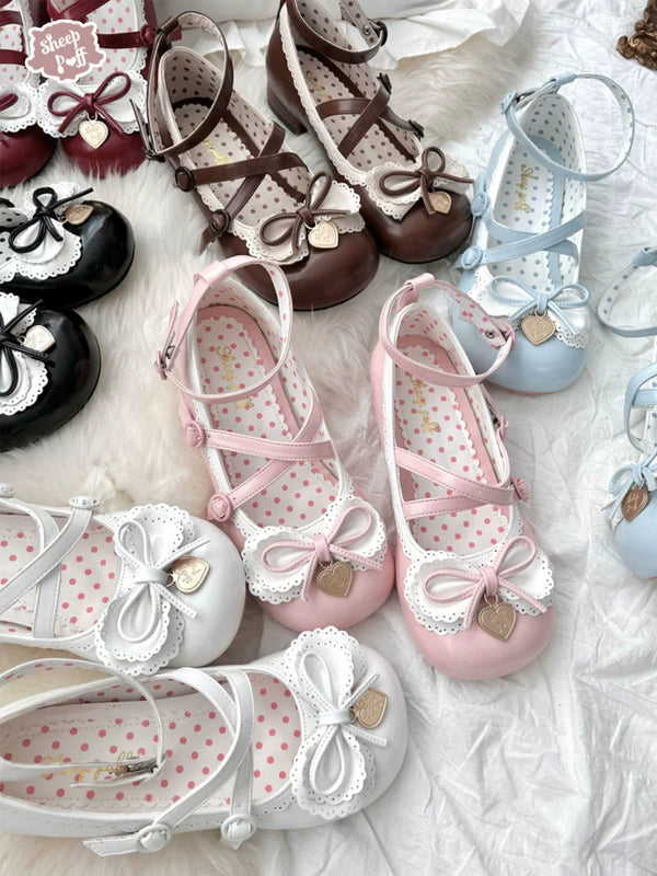 Sheep Puff Sweetheart Roll low heel Lolita shoes with adorable sheep puff design and bow accents, perfect for cute, vintage-inspired outfits.
