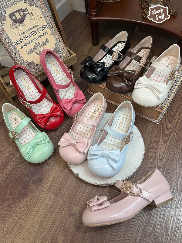 Sheep Puff glossy mid-heel Lolita shoes with cute sheep puff and hugging bear design, stylish and feminine footwear.