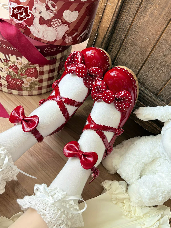 Sheep Puff vintage polka dot platform Lolita shoes featuring a soft sheep puff design and retro-inspired style.