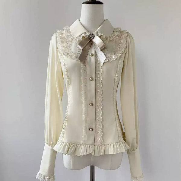 Apricot sweet Lolita long-sleeve blouse with lace trim and fitted waist