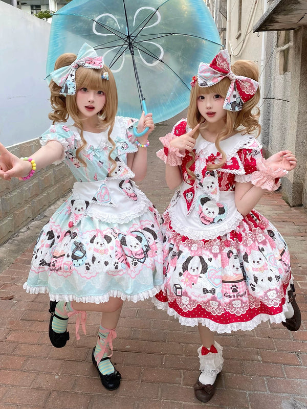 Yanran Sweet Lolita OP dress in red with cartoon puppy print, lace trim, and puffed short sleeves