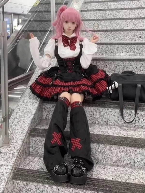 Red plaid and black Lolita outfit set styled with a white shirt, vest and leg covers