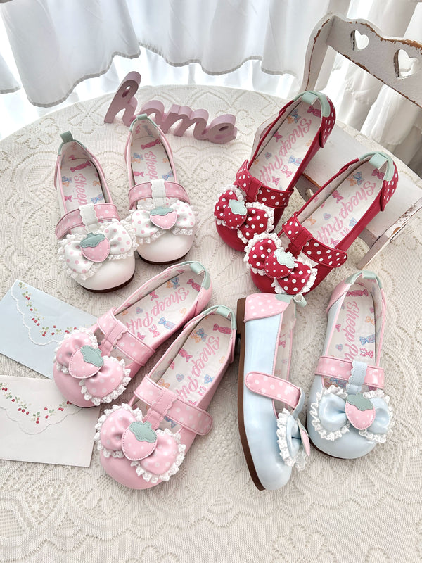 Sheep Puff Strawberry Dango Lolita shoes featuring low heels, with cute pink dango design and floral accents.