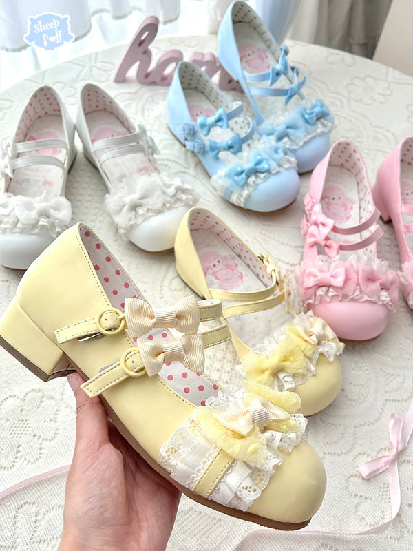Sheep Puff Showa Candy low heel Lolita shoes featuring a cute sheep puff design and pastel-colored accents.