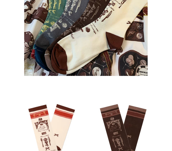Composite display of chocolate-themed mid-calf socks in cocoa, gray, brown and green colourways.
