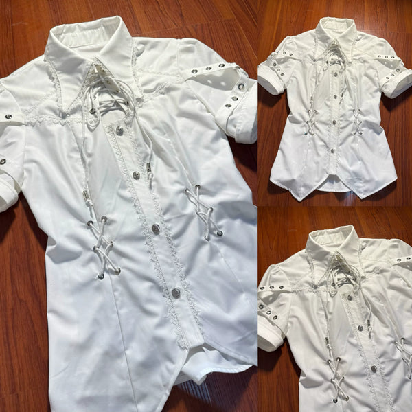 White Ouji blouse in composite close-up and full views with lace-trimmed collar and shoulder lace-ups