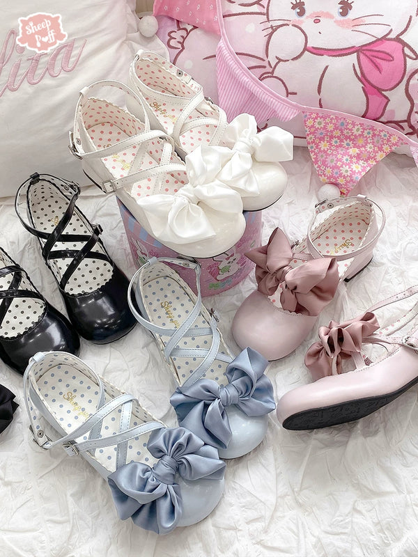 Sheep Puff Little Butterfly Lolita Shoes featuring a cute butterfly design, pastel colors, and comfortable lace-up style.