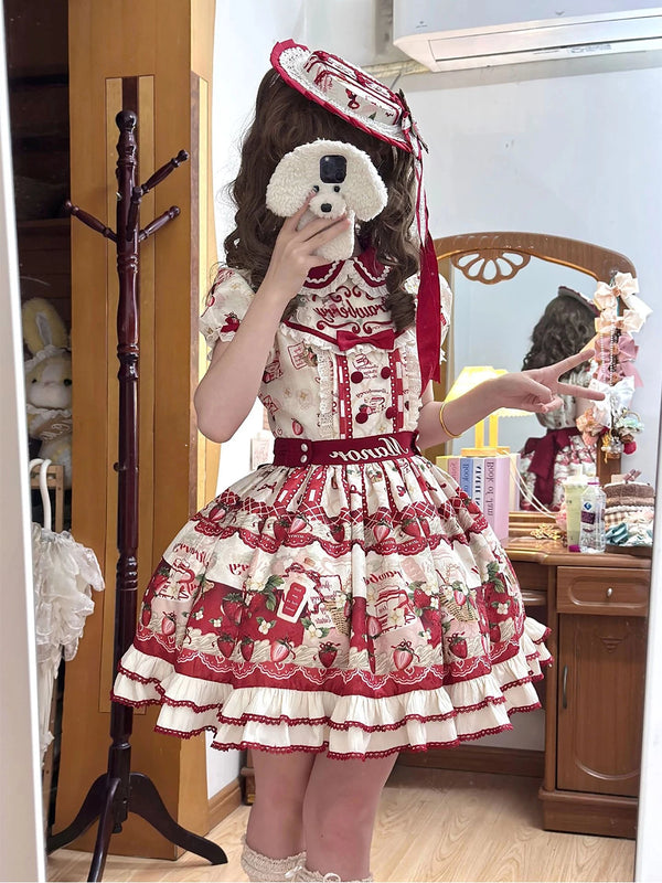 Red and cream strawberry-print OP dress with waist belt